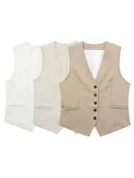 HH Women Fashion Solid Linen Vests Single Breasted Sleeveless Waistcoat Top Summer Female Casual Streetwear Suit Vest