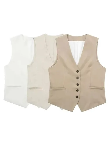 HH, chalecos de lino liso a la moda para mujer, chaleco sin mangas con una hilera de botones, Top de verano para mujer, ropa de calle informal, traje, chaleco