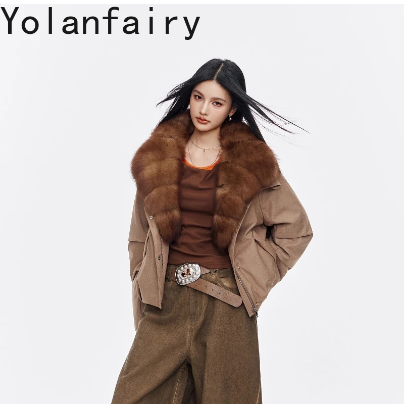 YOLANFAIRY秋冬輸入セーブルフォックスファー襟90グースダウンジャケット通勤スタイルファーダウンコート куртка женская 2025