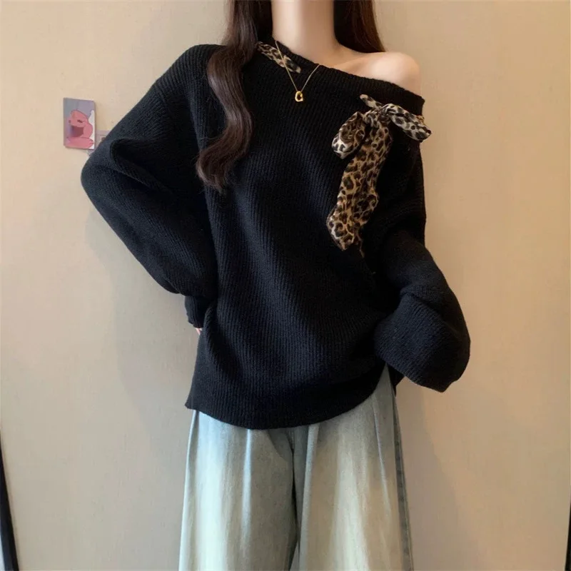 Sweater Female Leopard Print Ribbon 26 Years Autumn and Winter Soft Waxy Lace-up Off-shoulder Lazy Wind Knitted Sweater Top
