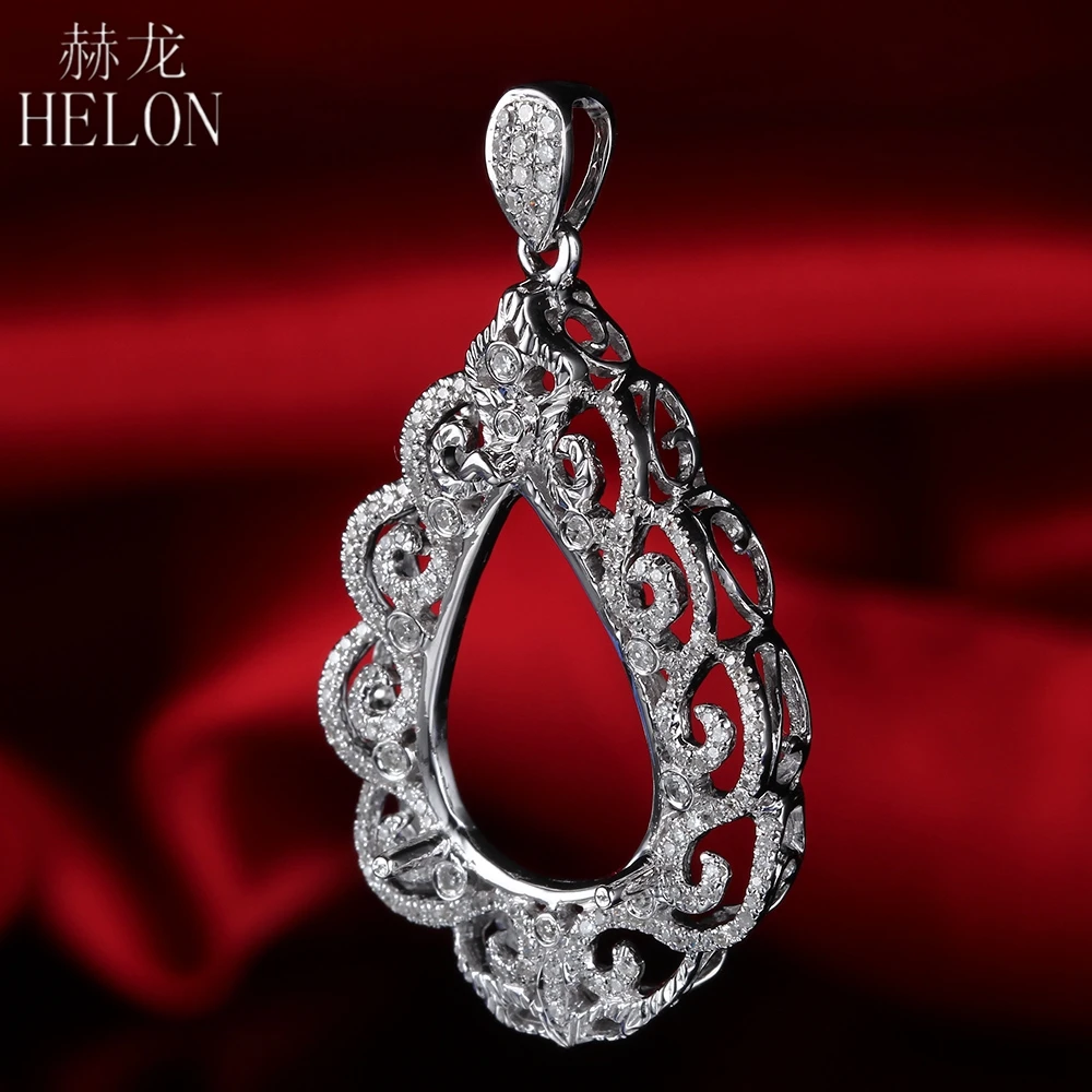 HELON Pear Cut 11x19mm -13x20mm Solid 14k White Gold Natural Diamonds Women Fine Jewelry Semi Mount Engagement Pendant Setting