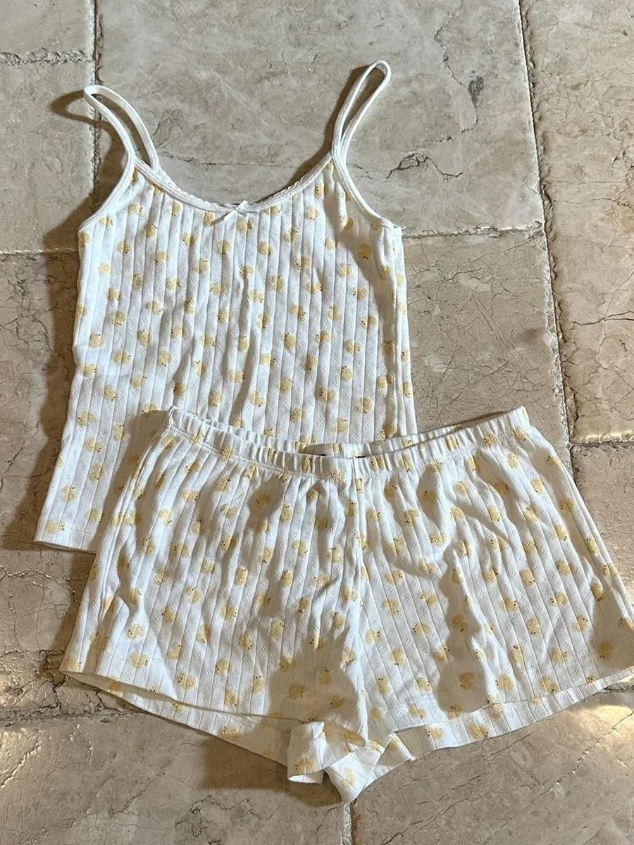 Cute Duck Eyelet Vest Shorts 2-częściowy zestaw damski Bow Slim Tank Tops Elastic High Waist Straight Short Pants Sweet Shorts Sets