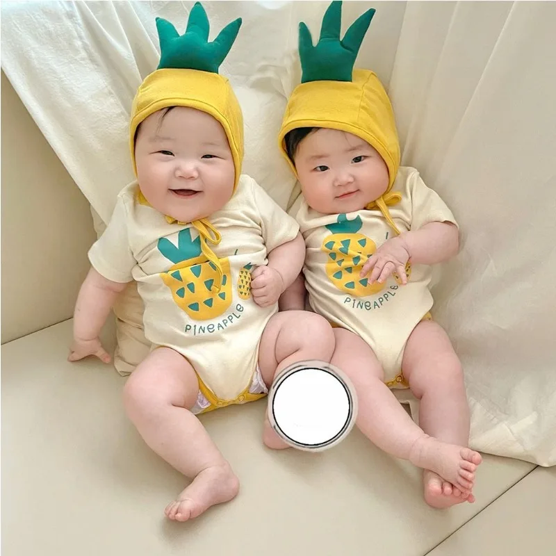 New Summer Bodysuit for Newborns Girl Boy Korean Style Baby Dragon Pineapple Print Short Sleeves Round Neck Infant Jumpsuit