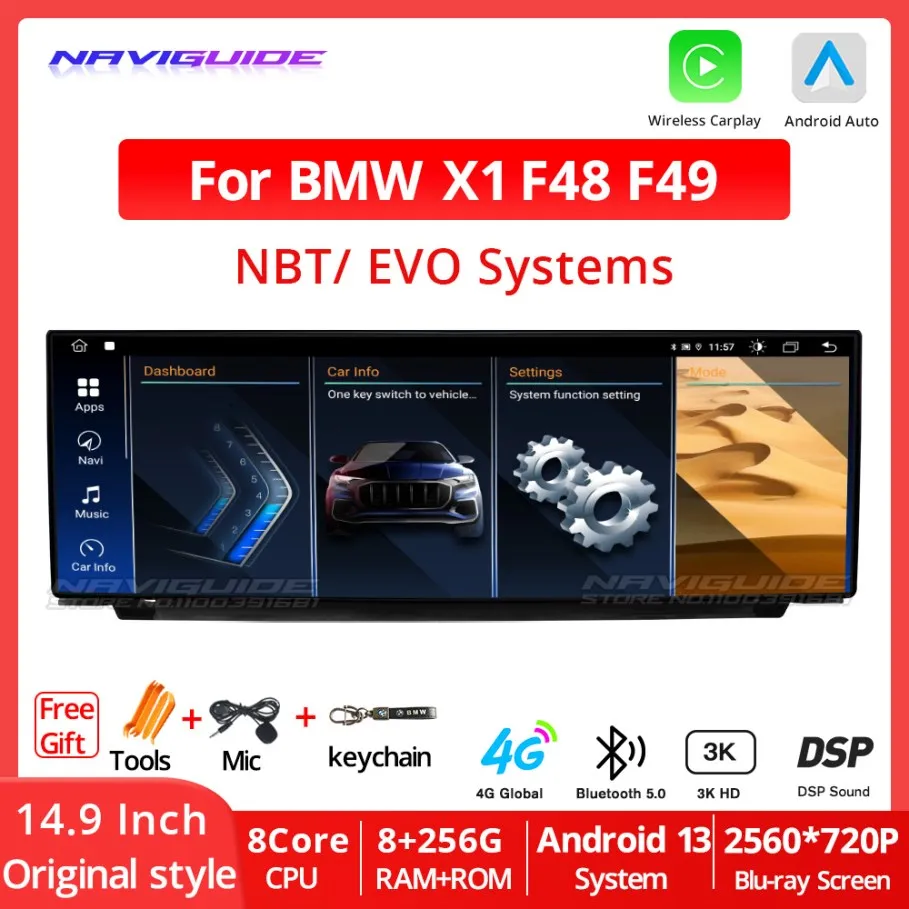 

NAVIGUIDE 14.9 Inch 2560*720P Car Radio Android 12.0 For BMW X1 F48 F49 2016-2022 NBT EVO System Multimedia Player GPS CarPlay