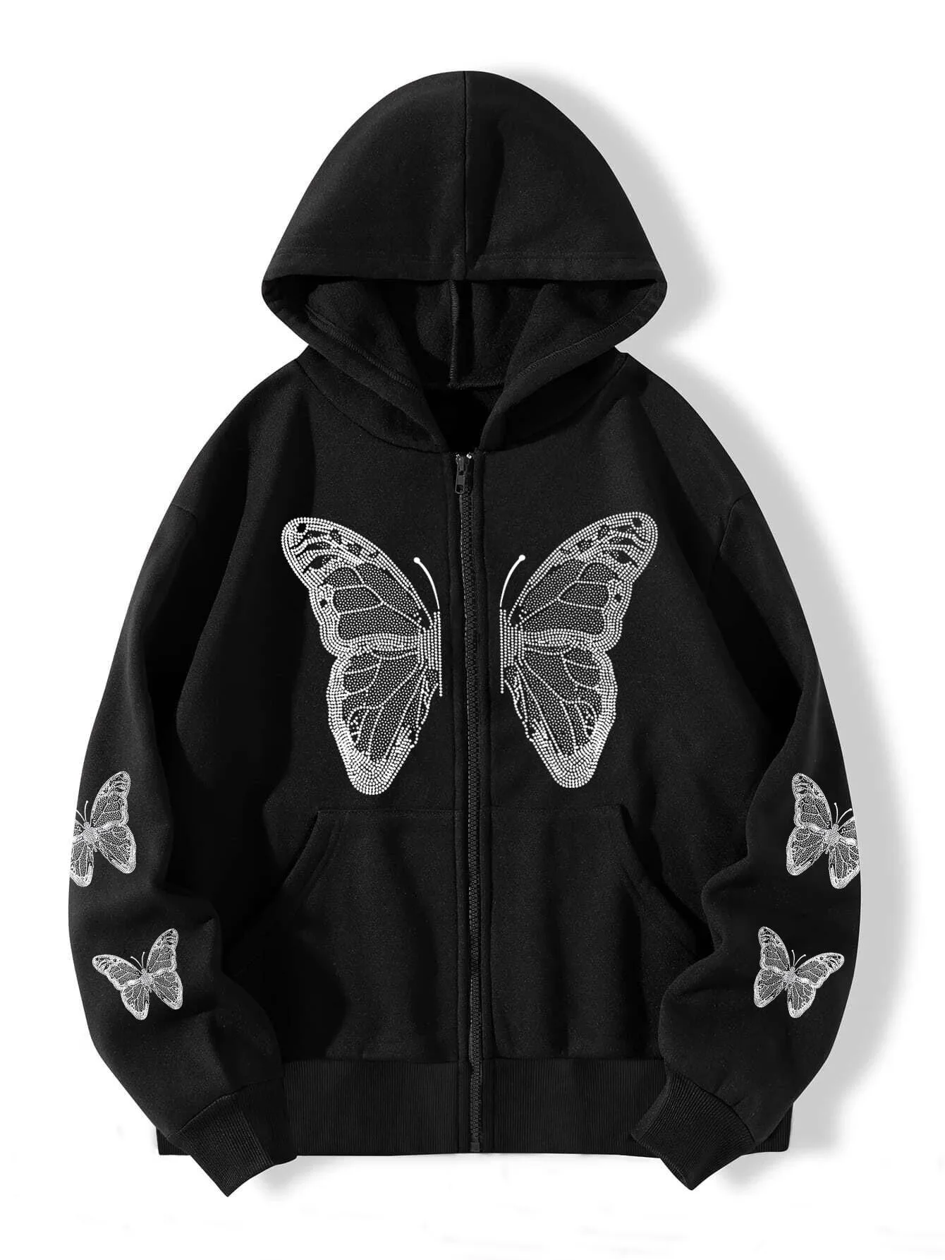 Xuanshow Herbst Winter Frauen Reiß verschluss Hoodie Sweatshirt Schmetterling lose Reiß verschluss Vorder tasche lässig Streetwear Kapuze Jacke Mantel – Detail 8
