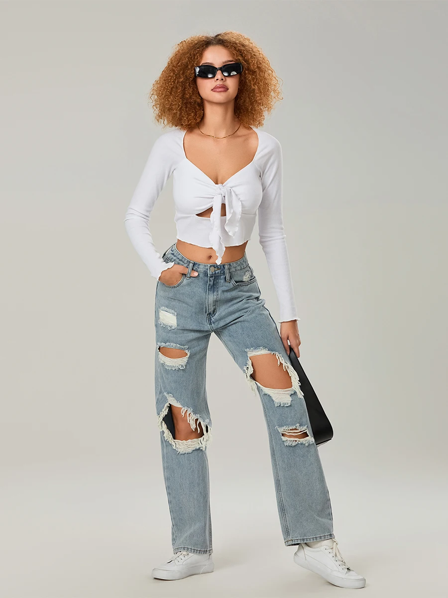 Women’s High Rise Boyfriend Jeans Fashion Straight Leg Denim Pants Ripped Jeans with Pockets