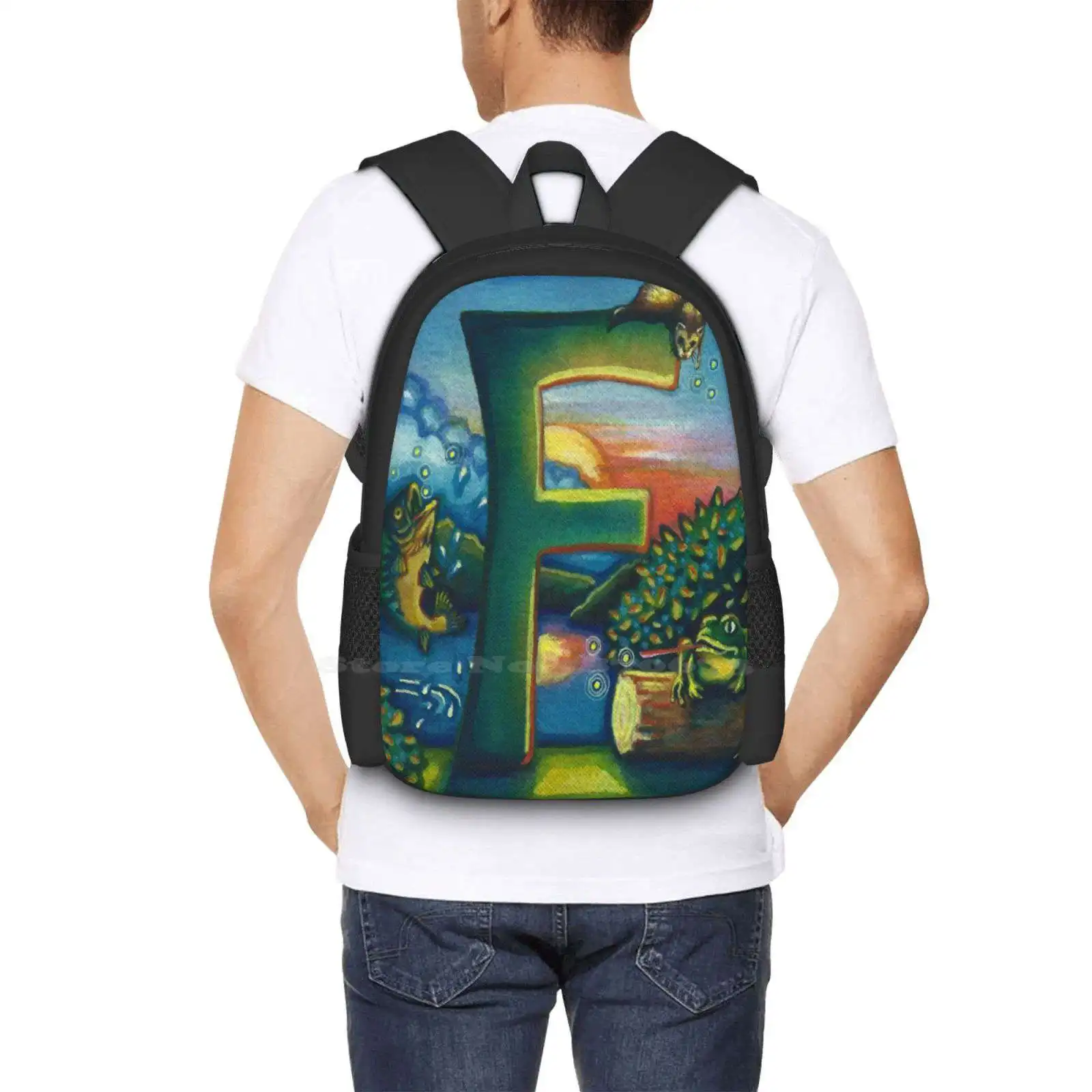 Alphabet Letter F Hot Sale Backpack Fashion Bags Watercolor Alphabet Letter F Emily L Taylor Frog Fish Flies Ferret