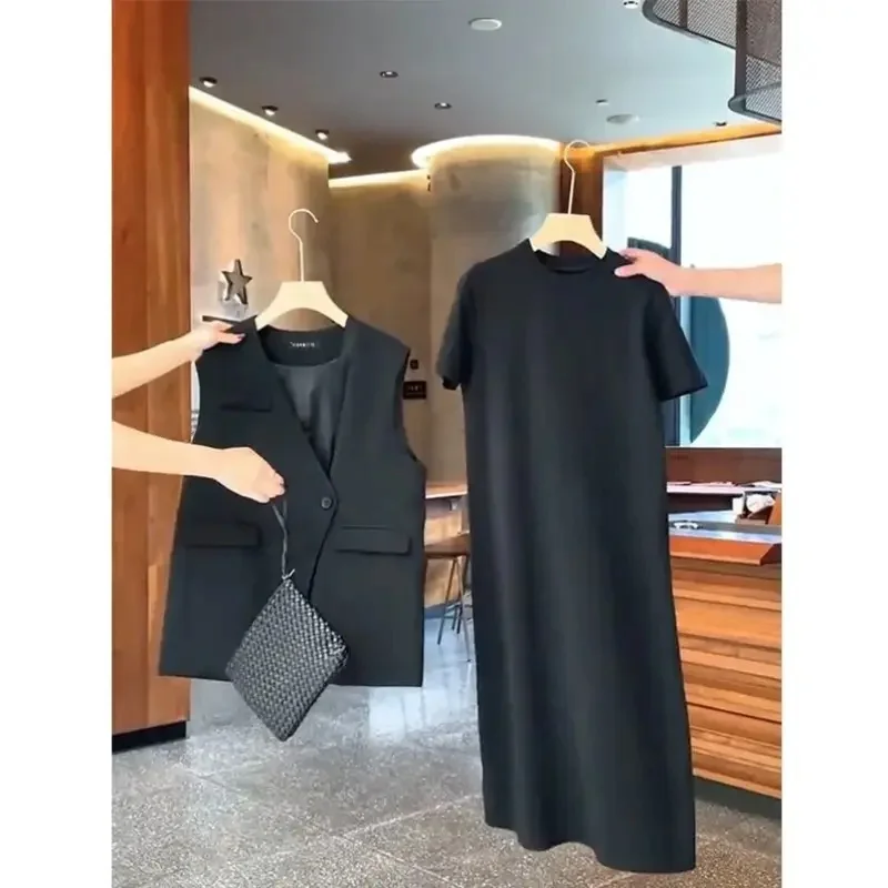 New Retro Summer Office Lady Dress Set Women Elegant Sleeveless Tank Blazer + High Waist Short Sleeve Midi Dresses Women's Suit