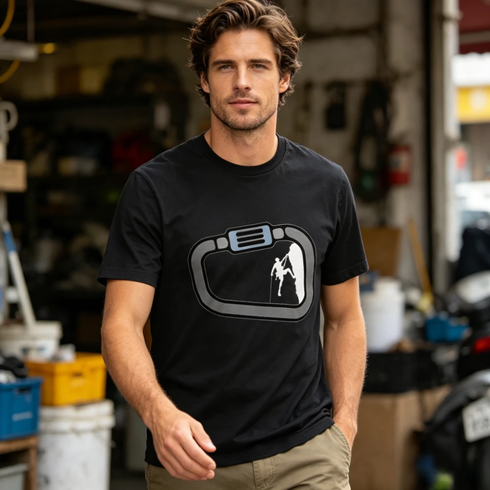 Mens Rock Climbing Carabiner Graphic Shirt Minimalist Climber Silhouette Print Casual Tee Outdoor Adventure Aesthetic Cotton Top