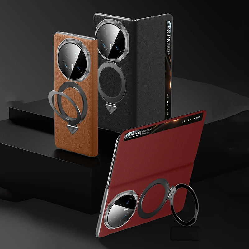 

Case for Honor Magic V5 Luxury Flip Window Magnetic Ring Bracket With Wireless Leather Charging Hard Mobile Phone Case Cover
