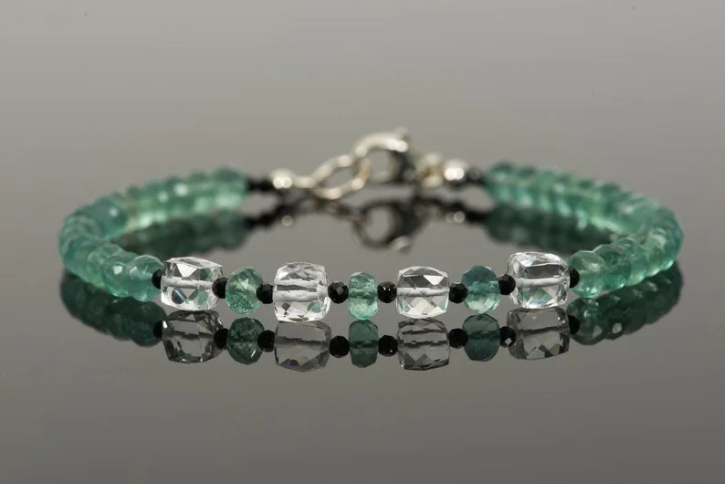 Green Fluorite White Quartz and Black Spinel Delicate Bracelet, Genuine Green Gemstone Sparkle Jewelry