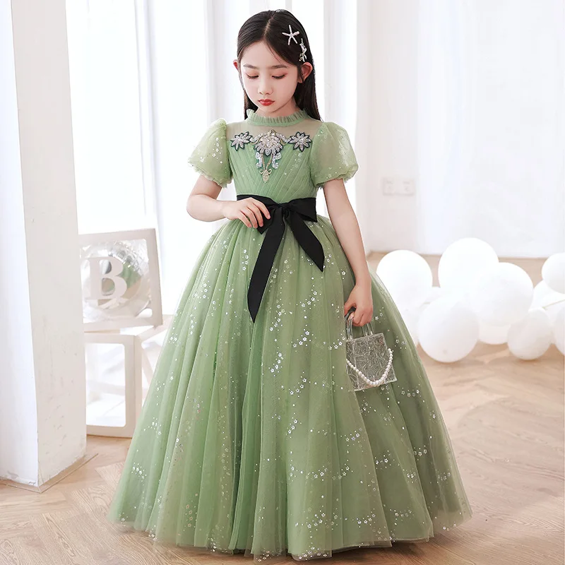 

2023 Evening Wedding Kids Girls Formal Occasion Dress Green Tulle Long Luxury Party Ball Gowns Children Princess Pageant Dresses