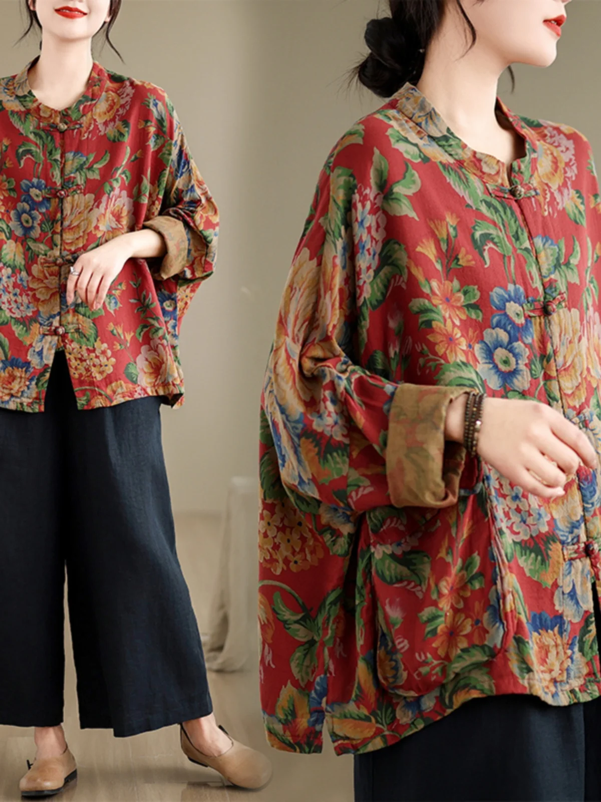 بلوزة نسائية فضفاضة كبيرة الحجم بنمط صيني تقليدي، قميص ربيعي جديد من القطن والكتان مع أزرار وطباعة #3