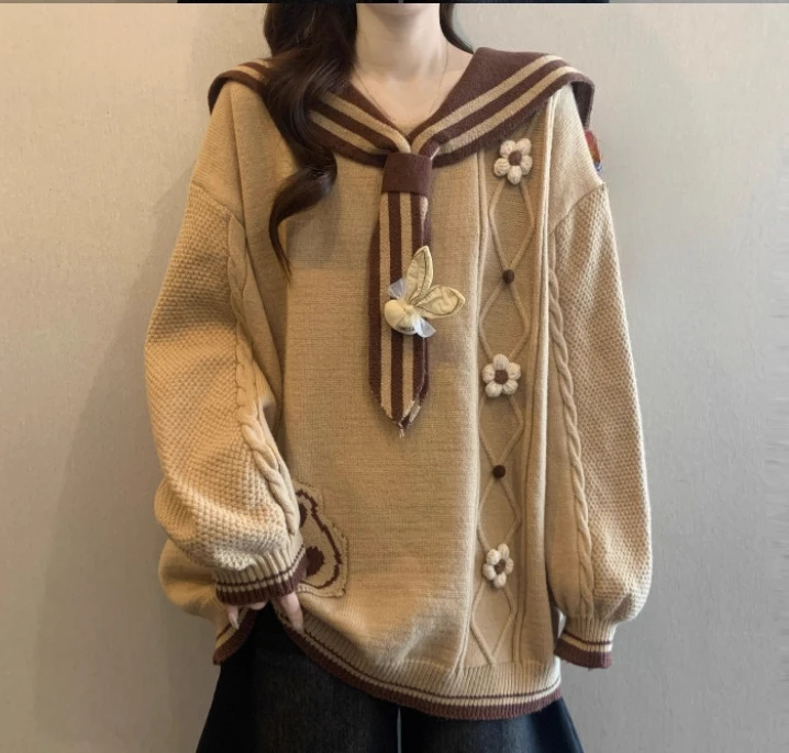 جديد كبير الحجم الخريف الحلو البحرية طوق طويلة الأكمام محبوك أعلى الحد من العمر كلية فضفاضة تنوعا اليابانية سترة المرأة