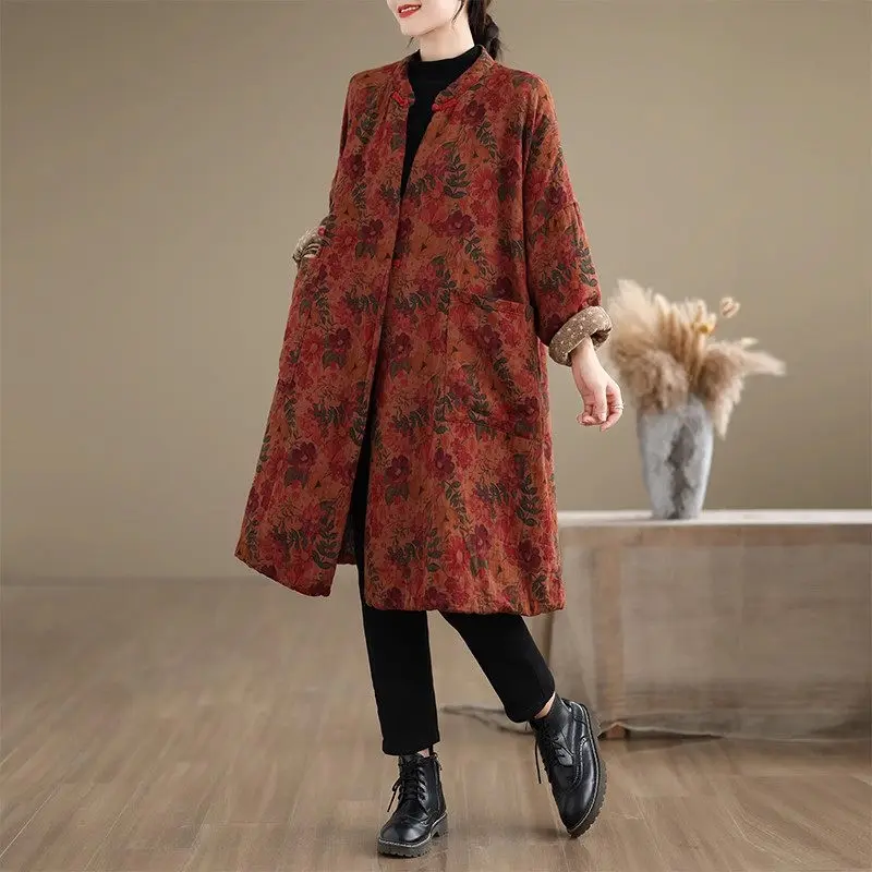 2024 Autumn Winter Cotton Linen Women\'s Clothing Retro Chinese Ethnic Style Jacket Printed Loose Large Size Quilted Coat K2723