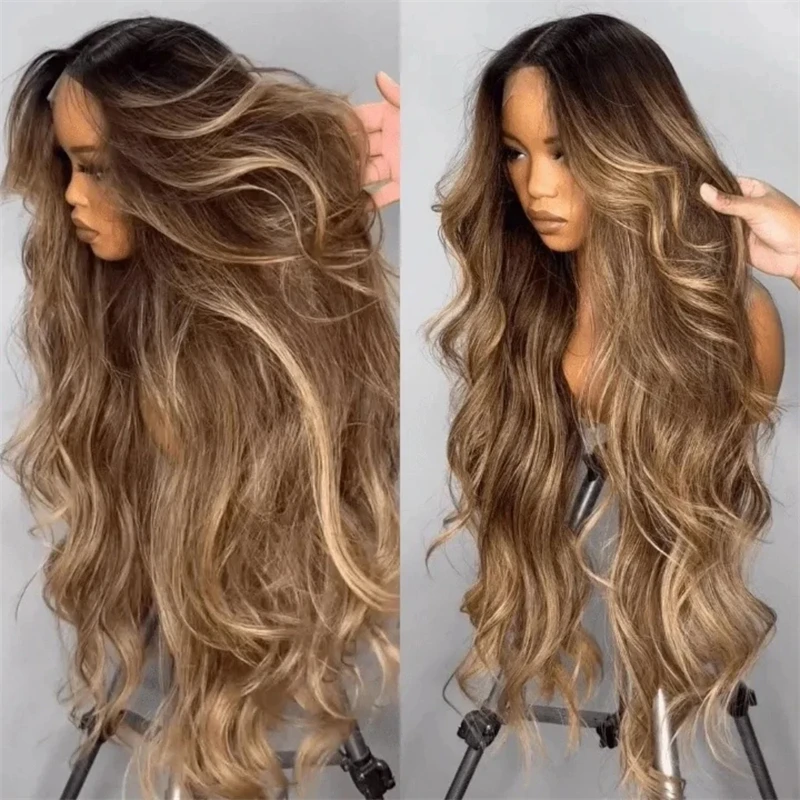 شعر مستعار طويل للغاية مموج أومبير سمراء بني يسلط الضوء على Balayage الاصطناعية HD الدانتيل شعر مستعار أمامي خط الشعر مع شعر الطفل #5