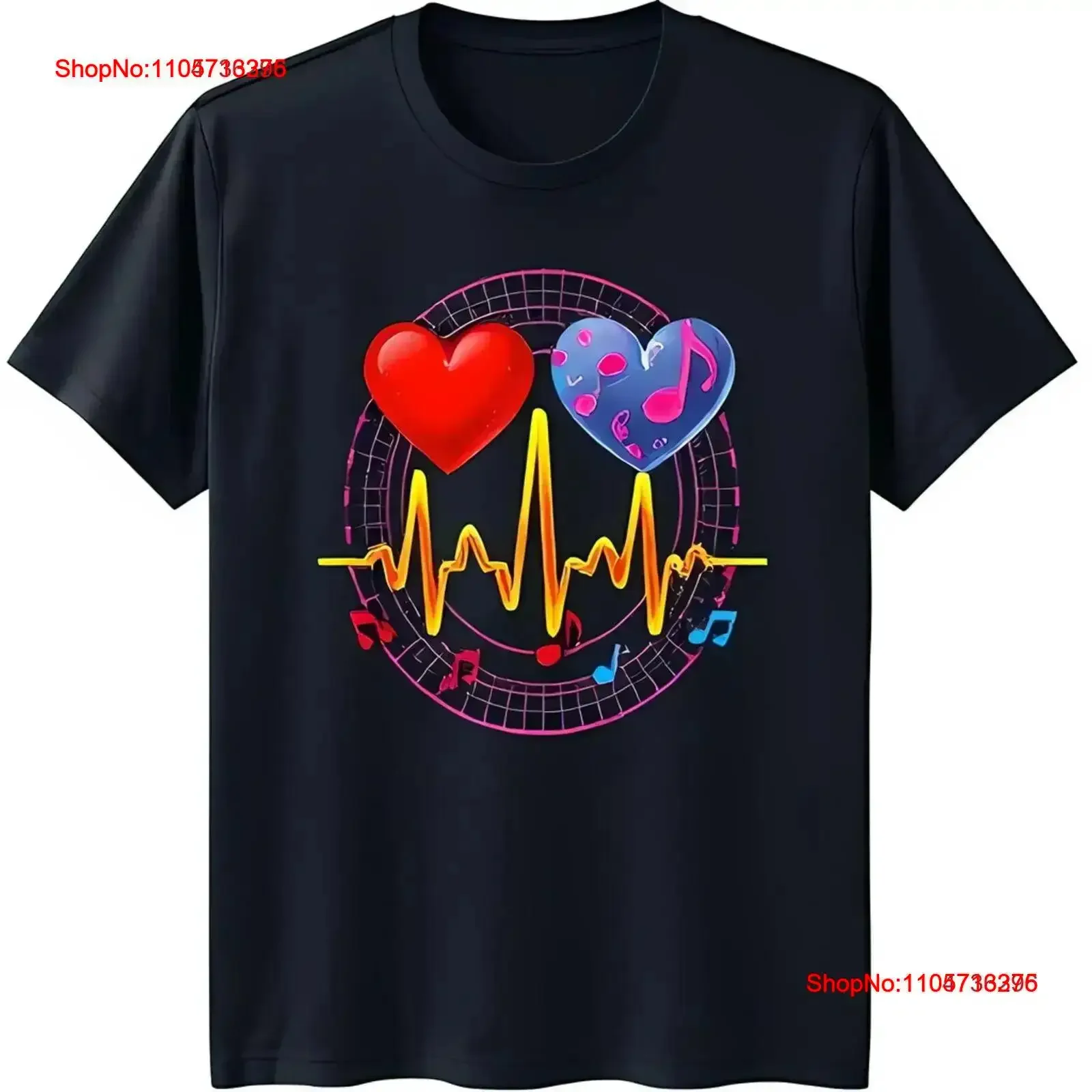Black T Shirt with Red and Blue Hearts Heartbeat Line Musical Notes Design vintage Washed Slightly Casual Versatile vintage
