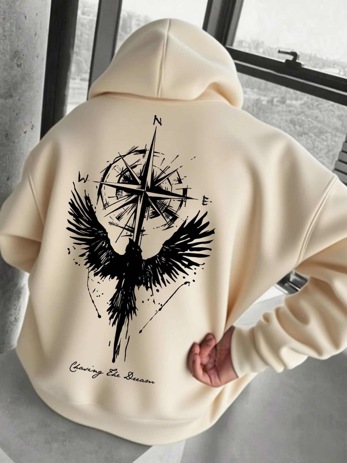 Compass Wing Bird Graphic Hoodie Unisex Drawstring Hooded Sweatshirt Adventure Slogan Streetwear Oversized Casual Top