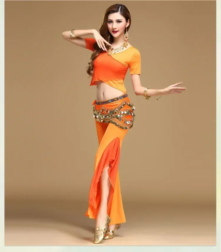 Quality Belly Dance Costume Bellydance Pratice Clothing Indian Set Gauze Cloth Pants Color Block Set 8 Colors Top&Pants&Belt