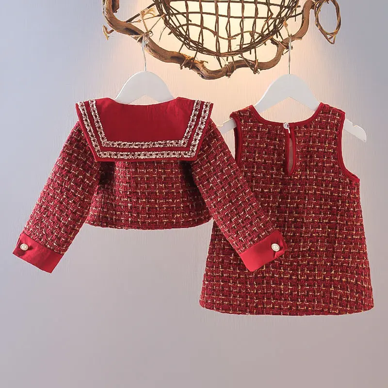 2023 Spring Girls Fashion Plaid 2pcs Suit Baby Kids Children Clothing Set Including Coat+ Skirt