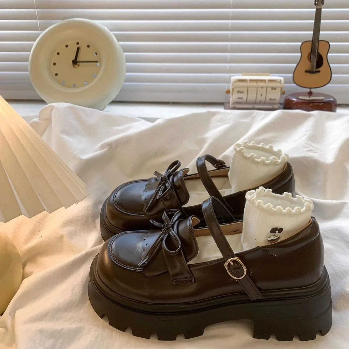 

Women's Lolita Mary Jane Shoes Patent Leather Black Bow High Heels Elegant Elevator Shoes Anti-Slip Comfortable Ladies Footwear