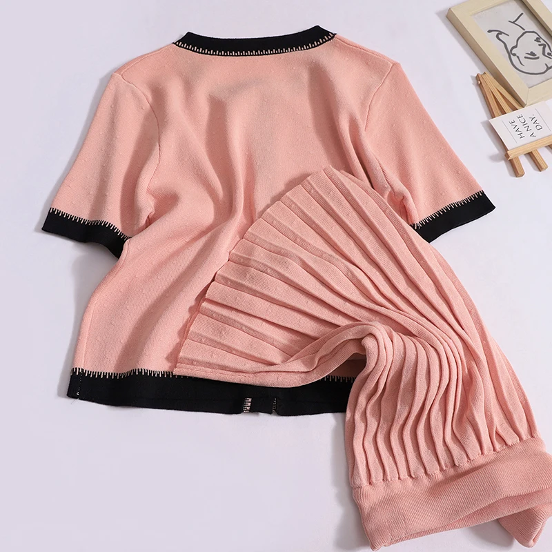 HELIAR Women Knit Sweet Set Buttons Up Pocket Short Sleeve Cardigan + High Waist Pleated Skirt 2 Piece Set Vacation Women Outfit