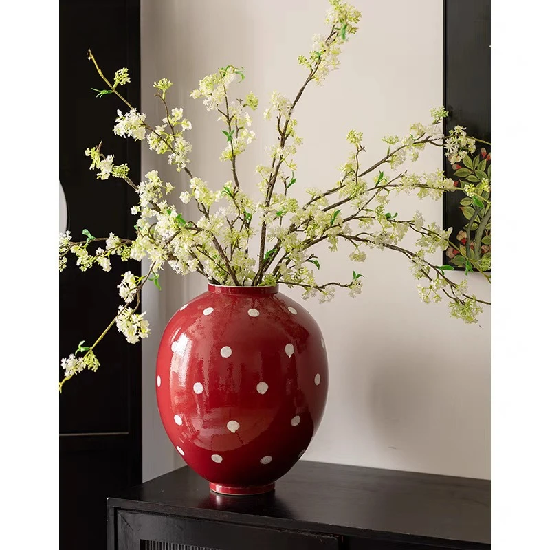 セラミック花瓶-ストロベリーレッド-ポルカドット柄-磁器製花瓶-フラワーベース-フラワーアレンジメントアクセサリー-ホームデコレーションアクセサリー
