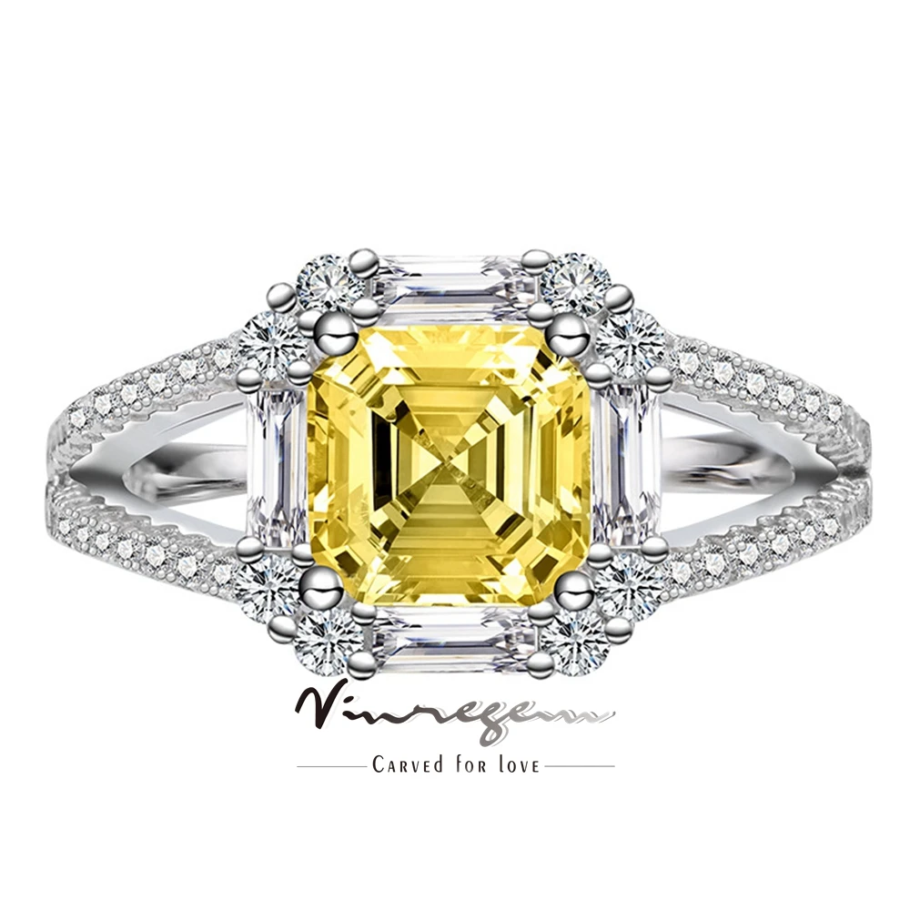 

Vinregem 7*7 мм Asscher Cut цитрин высокоуглеродистый бриллиант драгоценный камень 100% стерлинговое серебро 925 пробы свадебное обручальное кольцо ювелирные изделия