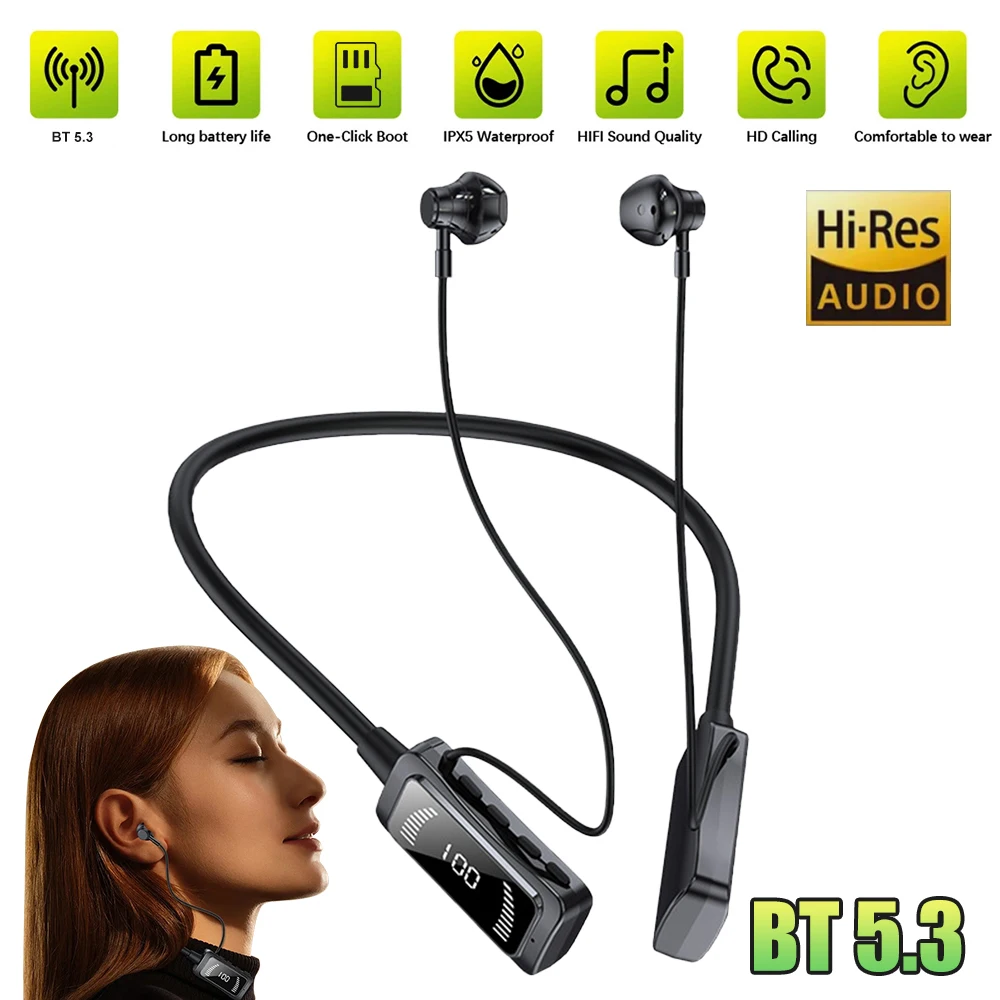 سماعات بلوتوث LED مغناطيسية مزودة بتقنية البلوتوث 5.3 سماعات بشريط حول الرقبة HiFi Sound سماعات أذن رياضية مع ميكروفون وبطاقة TF