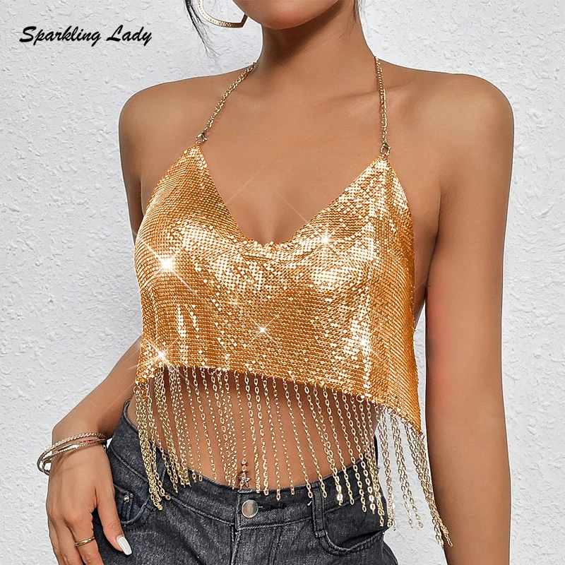 Golden Metal Sequin Chainmail Crop Top Women Deep V Neck Chain Halter Dangling Chains Ruffled Tassel Backless for Nightclub