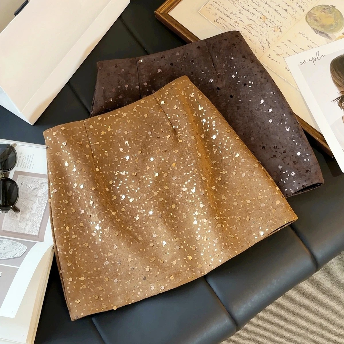 Seoulish Vintage Sequined Suede Mini Skirt Autumn New Elegant High Waist Slim Fit Casual A-line Short Skirt Female