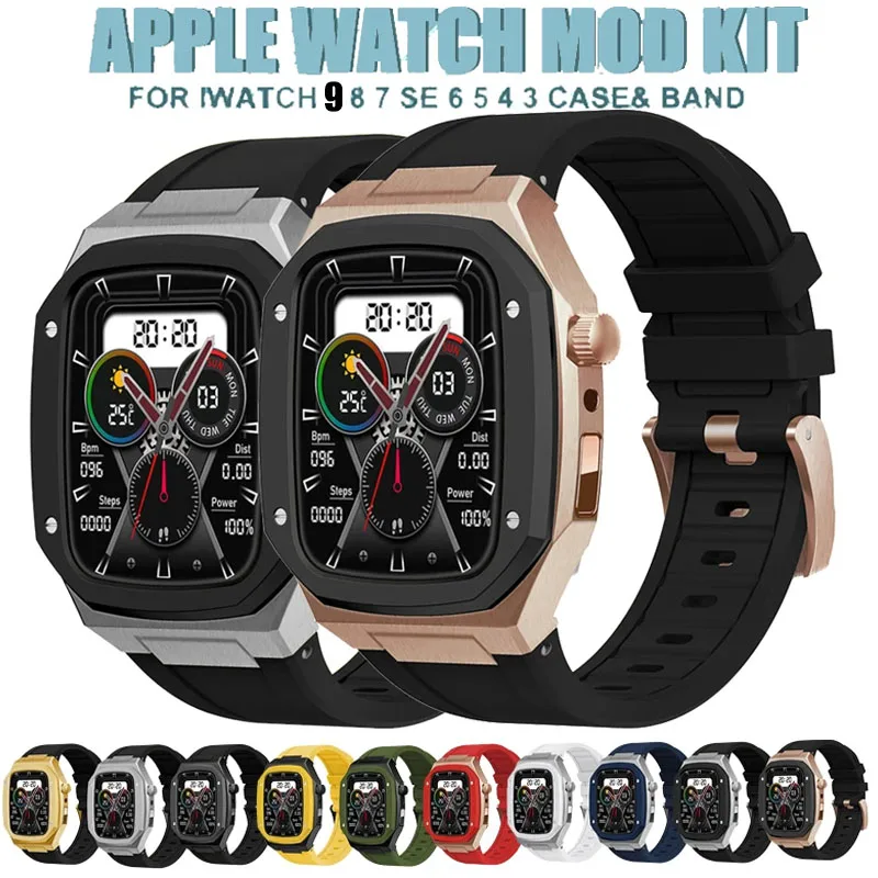 

Stainless Steel Case+Rubber Strap for IWatch 9 45mm 44MM Silicone Band Modification Kit for Apple Watch Series 9 SE 8 7 6 5 4