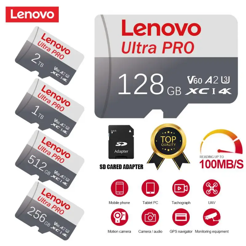 Lenovo Original Ultra Micro Card 2TB 1TB Micro TF SD Card SD TF Flash Card 128GB 256GB High Speed Memory Card Class 10 For Phone