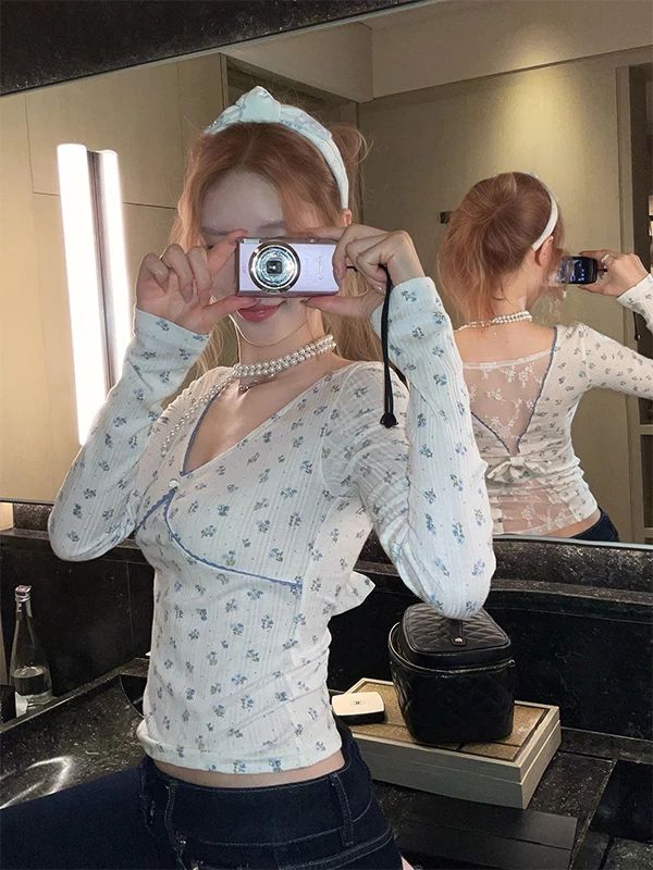 ホワイトレースフローラルロングSve T-irt レディース Vネックベースレイヤーインナーウェア通勤Sle韓国版スリムフィット通気性