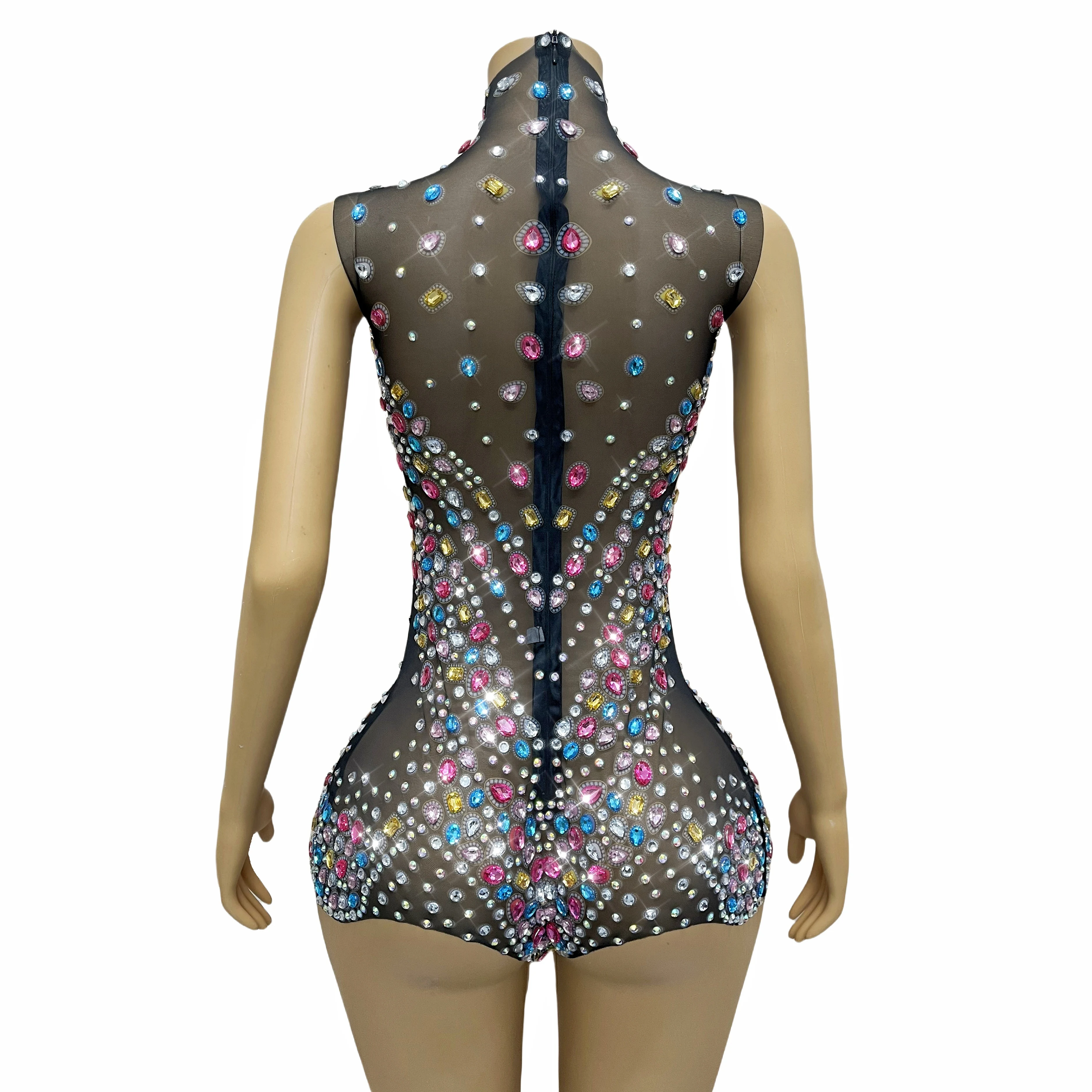 New Colorful Rhinestones Crystals Leotard Luxury Celebrate Sexy Outfit Sleeveless Bodysuit Birthday Costume tangwucai