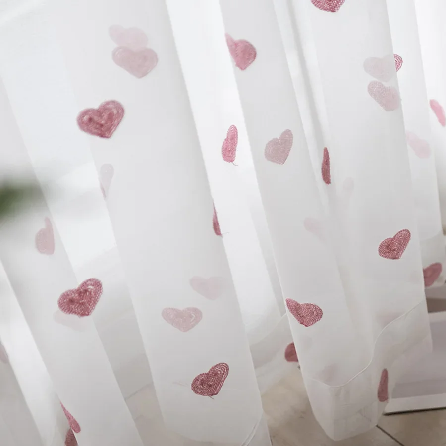 Cartoon Sweet Pink Heart Tulle Sheer Curtains For Kid's Girls Bedroom Blue Embroidered Living Room Mesh Fabircs Window Panel #3