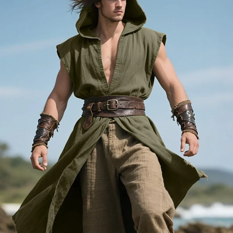 1 pz tunica medievale senza maniche da uomo rinascimentale mantello corto costume cosplay di Halloween abito con cappuccio