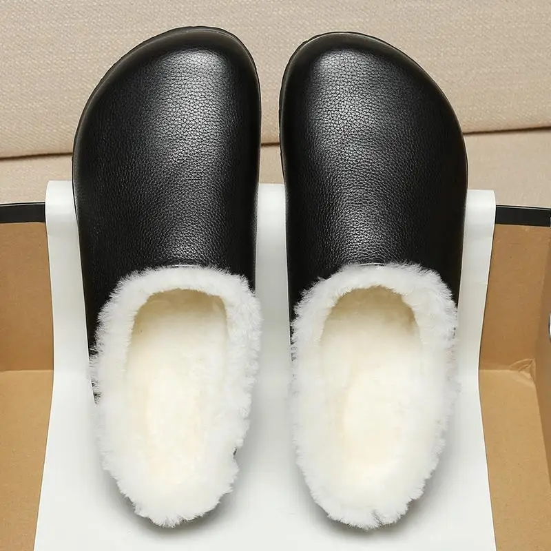 Winter Men Slippers Genuine Leather Plush Soft Sole Comfortable Outdoor Male Shoes Designer Slides