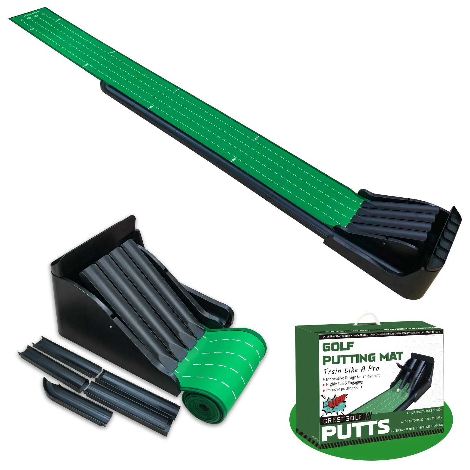Putting Green Golf Putting Mat Easy to Assemble with Automatic Ball Return & 4 Unique Flipping Track Close to Real Green Speed