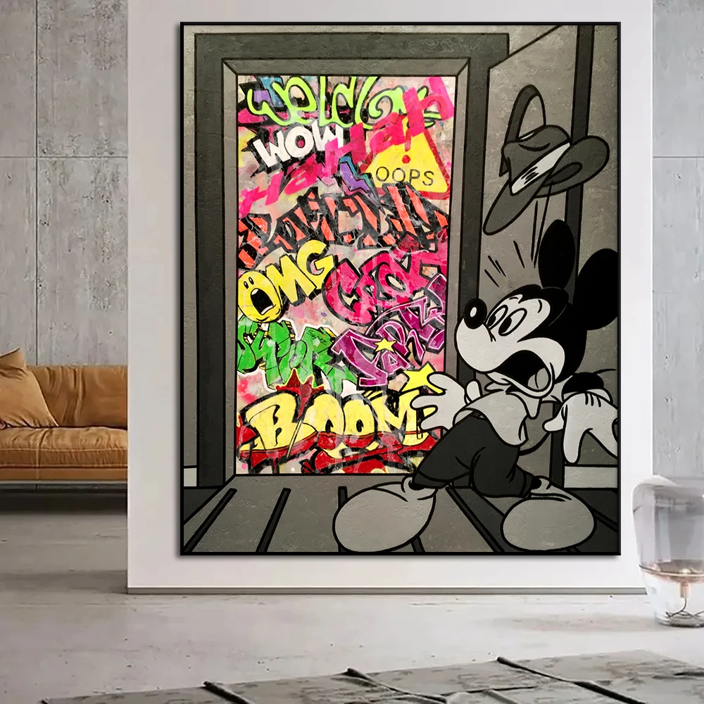 

Black Grey Mickey Minnie Mouse Color Graffiti Painting Disney Wall Art Canvas Poster Print Kids Room Home Decor Picture Cuadros