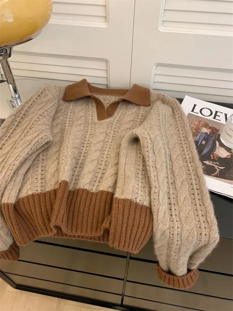 

2025 Autumn Winter New Pullover Sweater Women Japanese Retro Two Piece Turn-down Collar Knitted Top Pull Femme