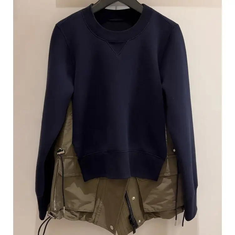 

2024 Autumn/winter New Casual Versatile Top And Coat Design with Spliced Pullover Workwear Sweater Preppy Style Pullovers