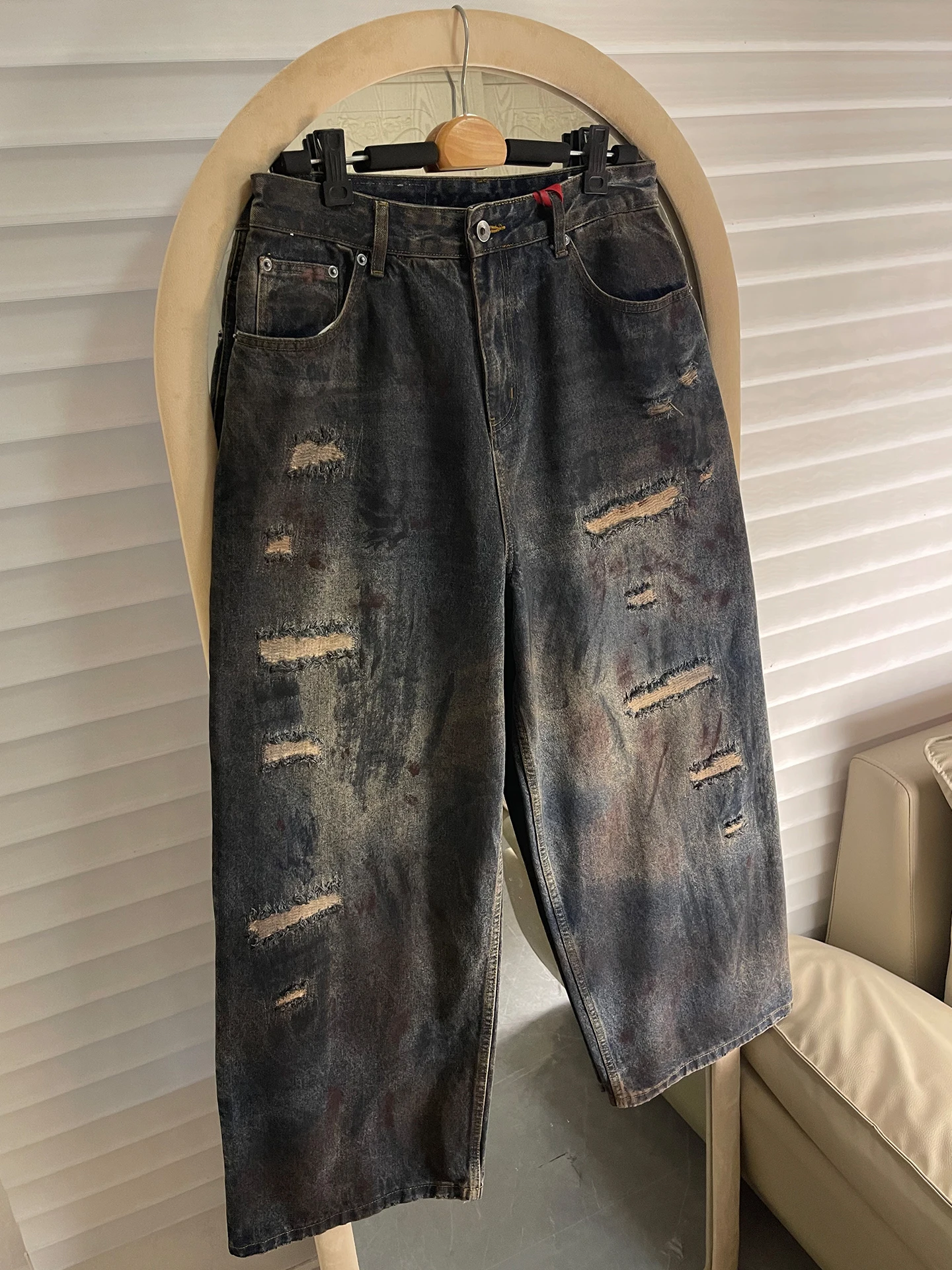 

Parisian fiti Splatter Distred Loose Fit Denim Jeans Men's Women's American Trendy Brand Wear-resistant Breathable