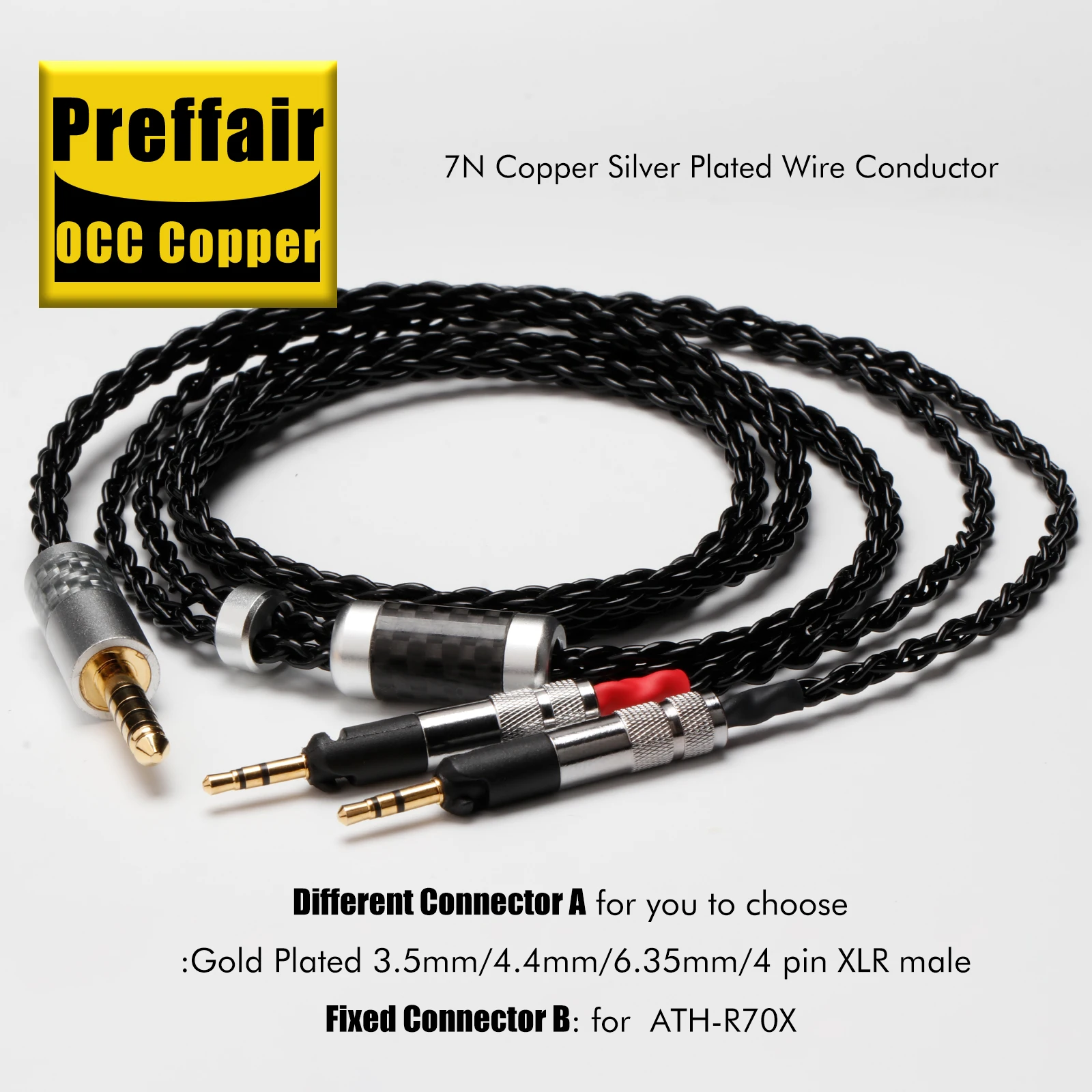 Preffair E51602 Kopfhörerkabel Hifi Audio 4,4/2,5/3,5/6,35 mm 8-adriges versilbertes Adapterkabel für ATH-R70X, R70XA – Detail 2