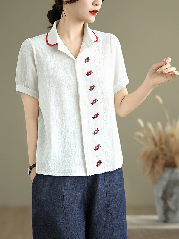 Estate 2025 Versatile pizzo rosso dolce colletto per bambola bottone singolo allentato dimagrante bianco puro cotone irt Casual Sle vestibilità ampia