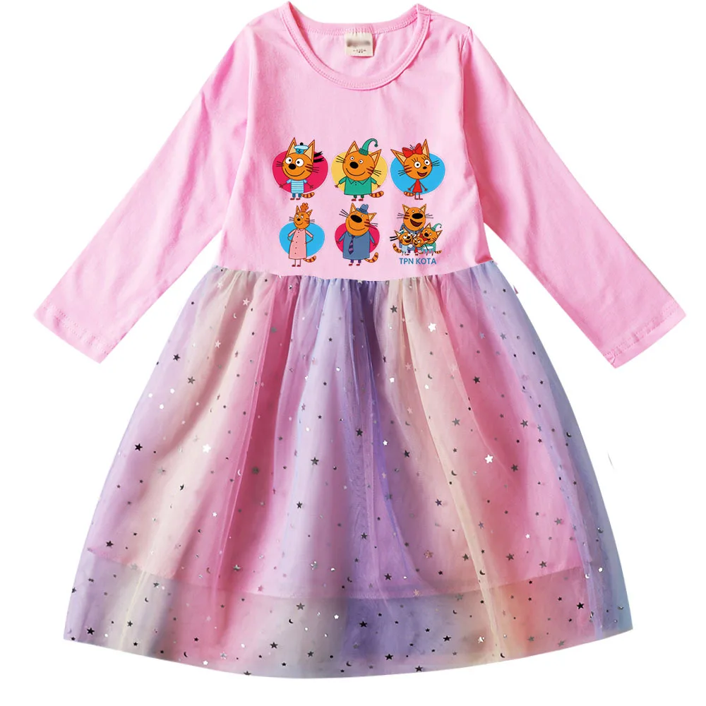 

Kid E Cats Russian Три Кота My Family Three Happy kittens Dress Kids Long Sleeve Casual Dresses Girls Princess Wedding Vestidos