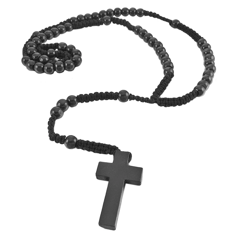 

Wooden Pendant Pendant Necklace Black Cross Beads Retro 24 Inches Rosary Chain Chain Man, Woman