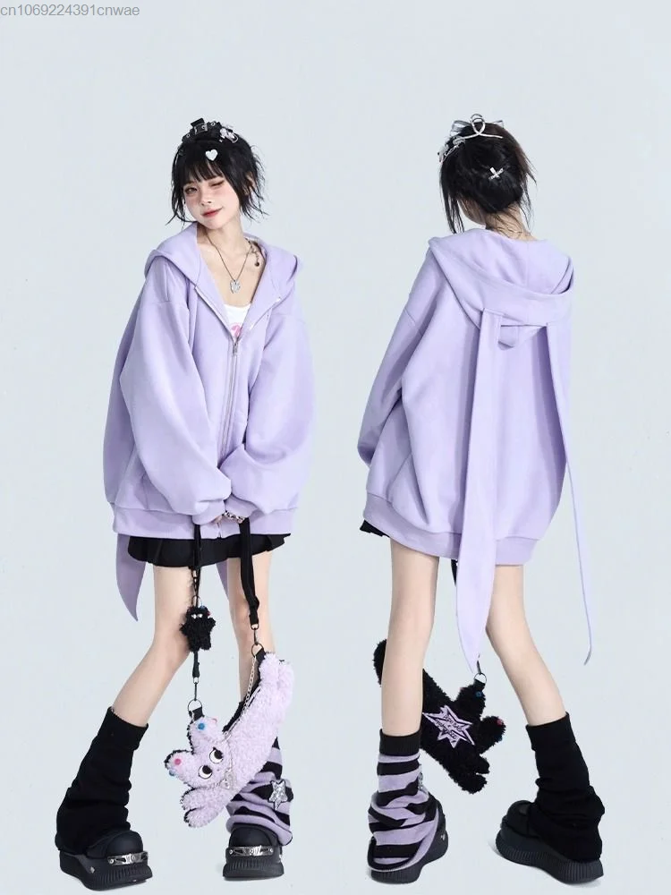 Autumn And Winter New Rabbit Big Ear Hooded Sweater Coat Oversize Zipper Cardigan Hoodie Jacket 2000s Lolita Korean Zip Up Tops