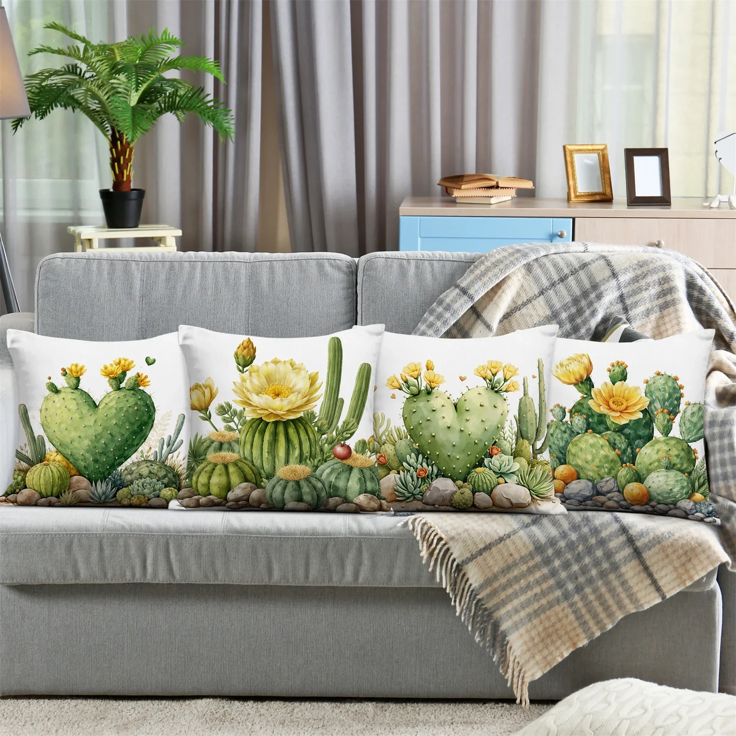 Set of 4 Decorative Throw Pillow Covers with Lush Succulent and Cactus Garden Botanical Print for Home Decor