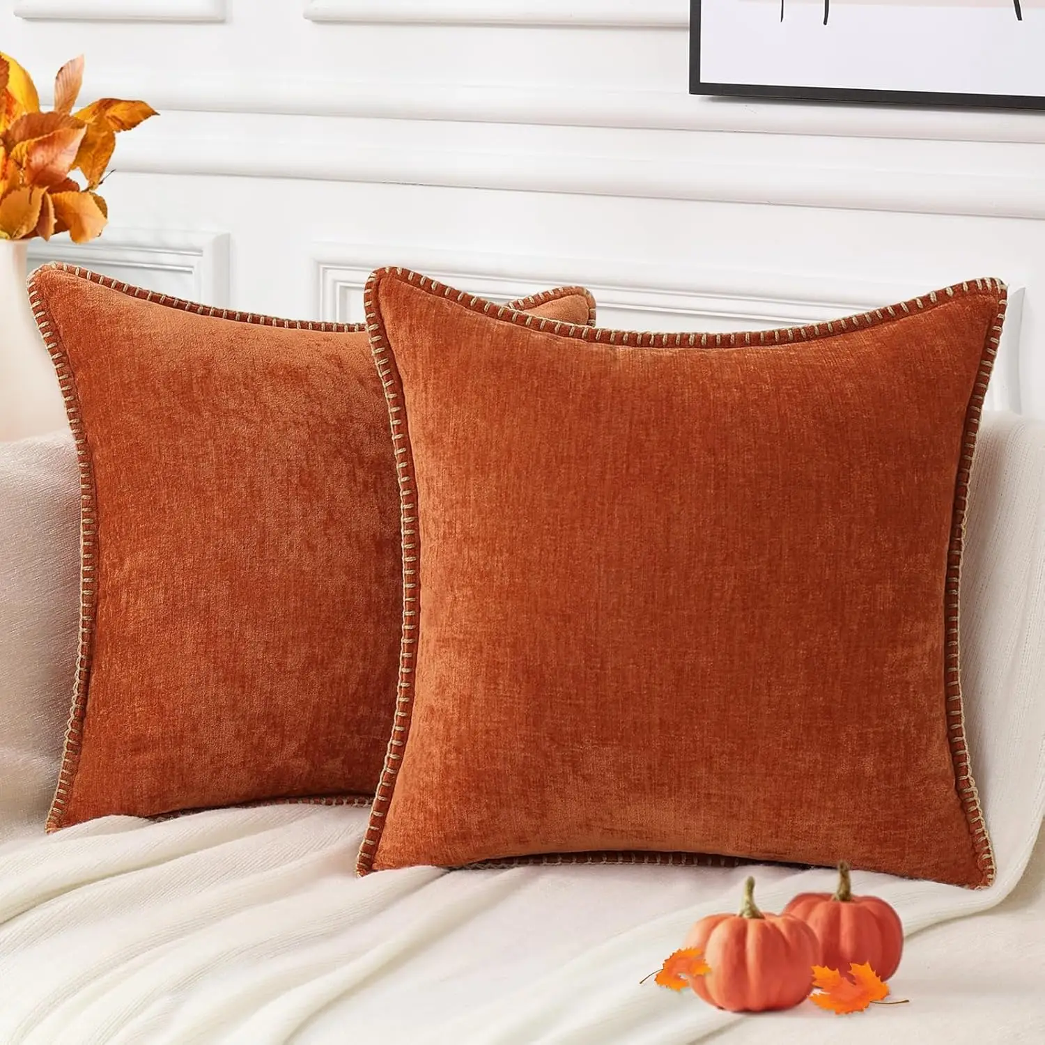 Cushion Cover Fall Chenille Soft Throw Pillow Covers Decorative Square Pillow Covers with Stitched Edge for Couch Sofa Bed Rust